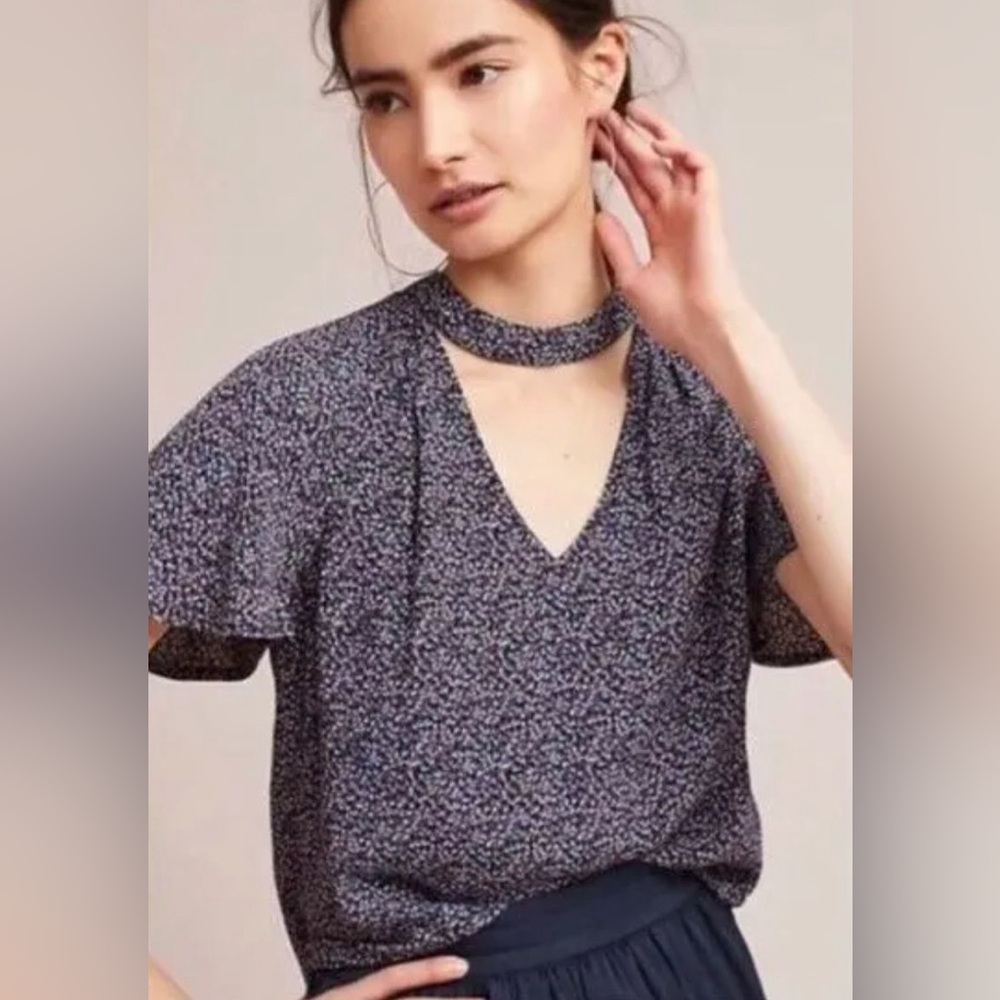 Anthropologie Maeve Bella Blue Ditsy Dots Flutter Sleeve Choker Blouse